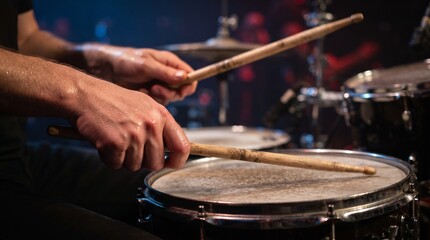 Obraz premium Close up view of a professional musician playing rhythmic beats on a snare drum during a live music concert performance in a dimly lit studio