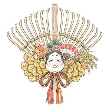 Kumade Good Luck Rake Watercolor Illustration, Japanese Tori-no-ichi Charm