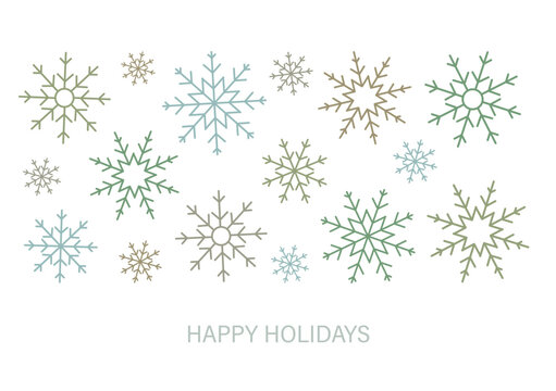 Festive "Happy Holidays" postcard with differently sized and formed snowflakes on white background.
