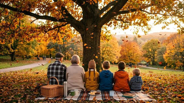 National grandparents day multigenerational family enjoying a picnic under a large autumn tree in a park