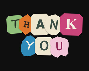 Thank you text design made with colorful paper cut out shapes on a black background © Nuha