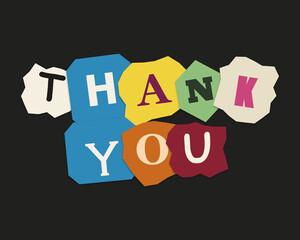 Thank you text made of colorful paper collage letters on a dark background © Nuha