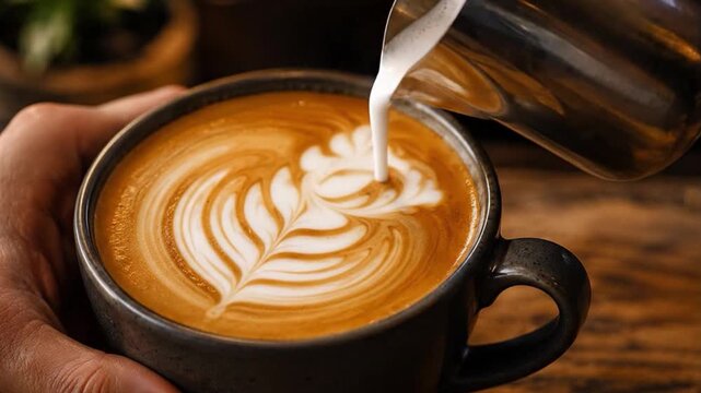 Barista Pouring Steamed Milk to Create Leaf Shaped Latte Art in Espresso Coffee Cup