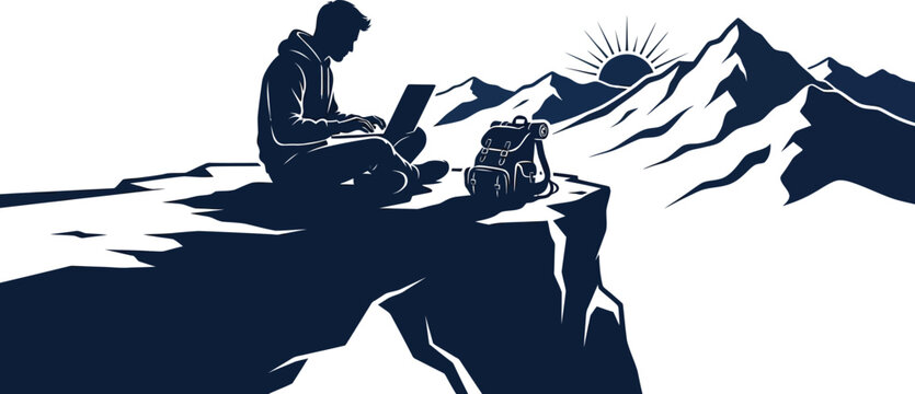 Vector illustration of a remote worker using a laptop on a mountain cliff edge with remote work