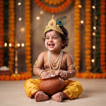 Adorable little Indian boy dressed as Lord Krishna for Janmashtami celebration, laughing while eating butter from an earthen pot in festive decorated background.