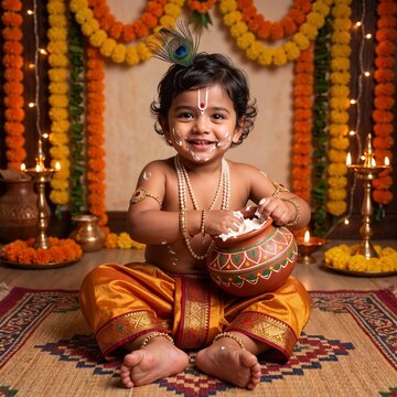 Cute Indian child dressed as little Krishna eating fresh butter from an earthen pot, celebrating Janmashtami festival with traditional decorations, marigolds, and festive lights.