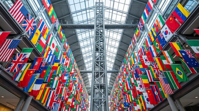 A low angle view of many international flags hanging from the ceiling in a modern building representing global cooperation and world unity concepts