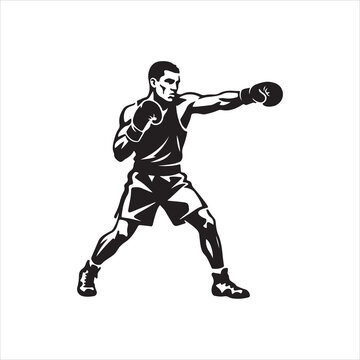 Wide Stance Boxer Punch Silhouette, Male Fighter Powerful Boxing Pose