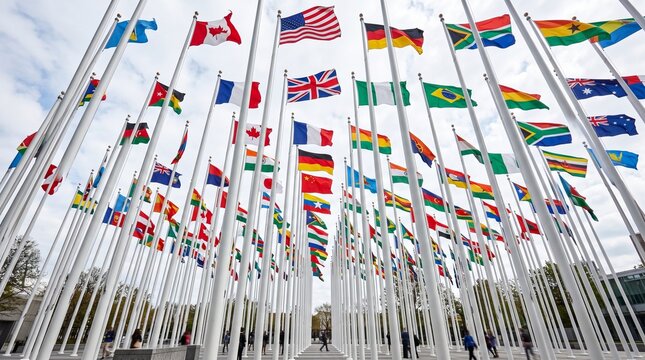 Low angle view of many national flags from different countries waving on tall poles against a cloudy sky representing international cooperation and unity