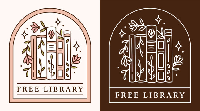 Free library box logo sign for local park books exchange community wooden cabinet bookshelf sticker label design. Book sharing cozy nook shelf with plants flowers aesthetic illustration poster print.
