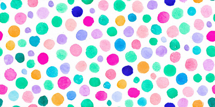 Colourful Watercolour Confetti Dots Pattern Isolated on White Background, Scattered Circles in Pink, Teal, Purple and Gold, Abstract Backdrop and Banner