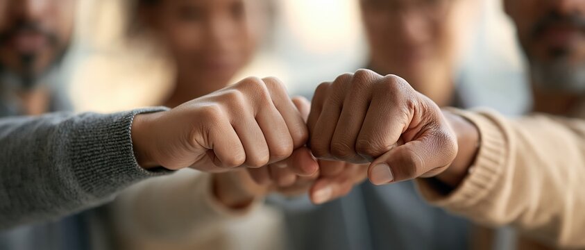 Multiracial colleagues celebrate success with a fist bump, capturing trust, solidarity, and team spirit. Perfect for corporate teamwork, diversity campaigns, and motivational brand.