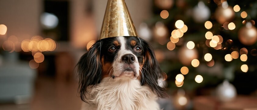 Adorable tricolor spaniel gazes soulfully at camera in festive gold party hat, glowing Christmas tree bokeh behind. Perfect for holiday pet campaigns, greeting cards, and seasonal social.