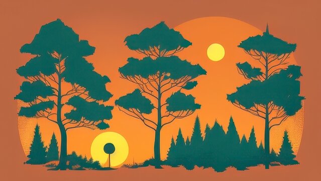 Stylized forest landscape with tall trees and setting sun illustration