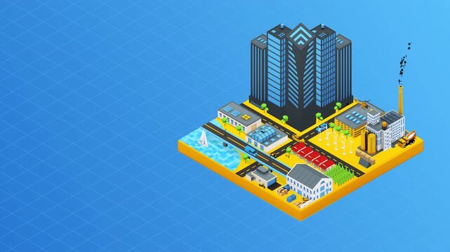 Isometric Cityscape Animation Showing Urban Development And Infrastructure.