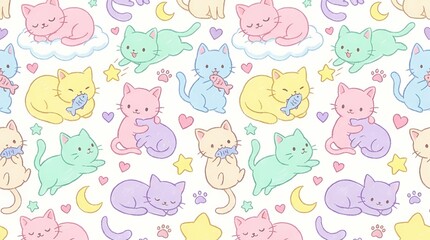 Obraz premium Charming chibi cat doodle pattern featuring colorful kittens and playful elements for whimsical backgrounds