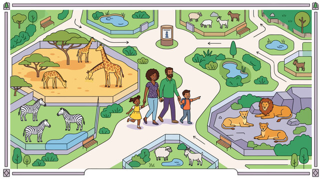 A diverse family walks through a colorful illustrated zoo map featuring various animal enclosures, pathways, and green spaces.