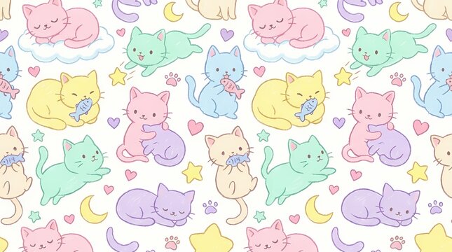 Charming chibi cat doodle pattern featuring colorful kittens and playful elements for whimsical backgrounds