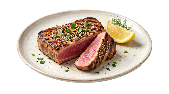 Grilled tuna steak with sesame seeds and lemon, seared ahi tuna fillet on ceramic plate, gourmet seafood dinner isolated on white