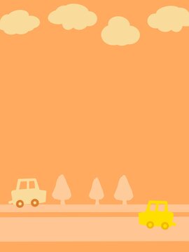 オレンジバックに暖色の雲や車や木のイラストが入った背景素材イラスト
