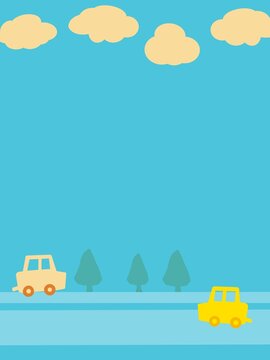 水色バックに雲や車や木のイラストが入った背景素材イラスト