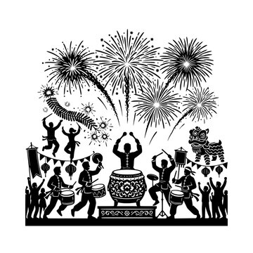 Celebration parade featuring drummers gong player lion dance fireworks silhouette illustration