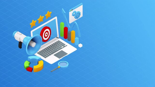 Isometric Digital Marketing Strategy Concept with Laptop and Business Analytics Tools.