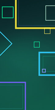 A modern arrangement of glowing outlined squares and rectangles creates a colorful abstract composition on a dark teal background, ideal for technology and design projects.