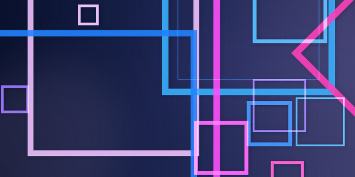 Vibrant outlined squares and rectangles overlap in luminous blue, pink, and purple tones, creating a futuristic abstract composition for technology, music, and modern design projects.