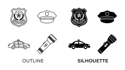 Law Enforcement Iconography: A collection of police-themed icons featuring badges, caps, patrol cars, and flashlights, presented in both outline and silhouette styles for versatile design application. © Abu