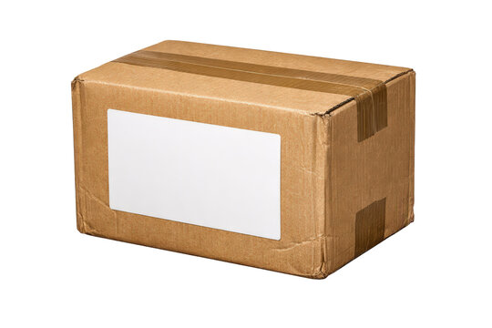 Sealed cardboard shipping box with blank label