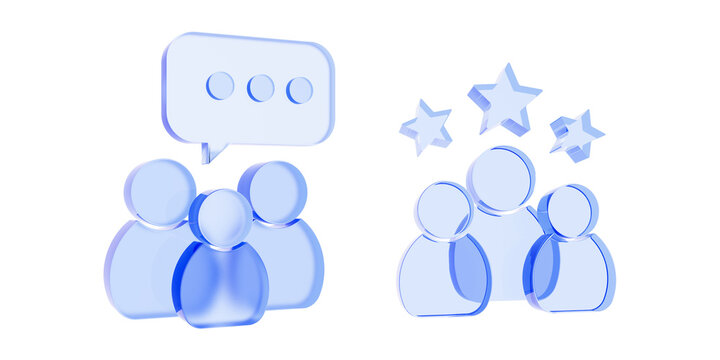 Blue glass 3d people group icons with chat bubble and stars isolated on transparent background