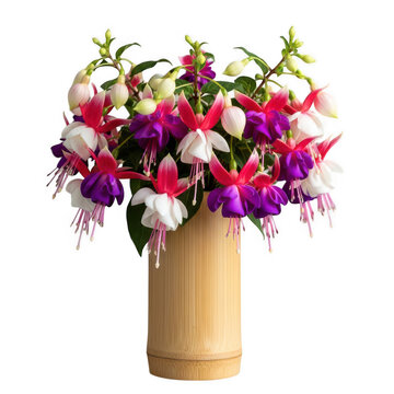 Beautiful fuchsia flower arrangement in a bamboo vase isolated on transparent background