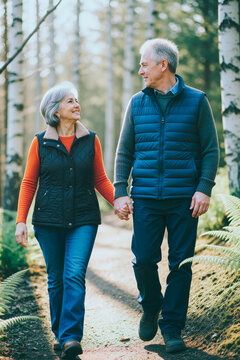 Vertical shot of Caucasian senior couple walking hand in hand on forest path, smiling and bonding during outdoor activity. Ideal for retirement lifestyle, wellness, relationship marketing