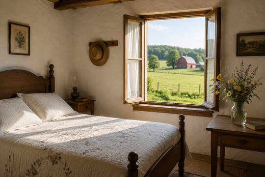 Rural farmhouse bedroom with wooden bed, white quilt, wildflowers, and red barn through open window