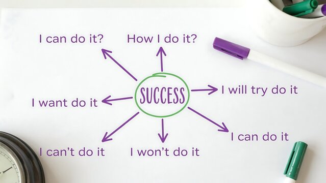 A diagram illustrates the concept of success with various motivational phrases and questions radiating outwards