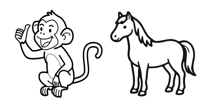 Black and white line art illustration of a cute cartoon monkey and a horse for children coloring book