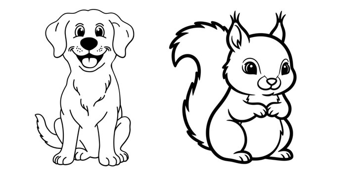 Black and white line art illustration of a cute puppy dog and a small squirrel for coloring