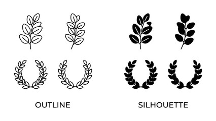 Obraz premium Laurel Wreath and Leaf Icon Set: A graphic set featuring two pairs of laurel wreath icons, one in outline style and the other as a silhouette, alongside matching leaf sprigs in both styles.