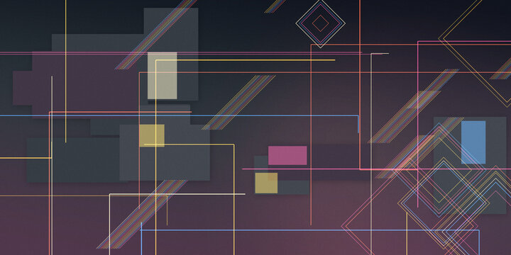 Layered neon lines, squares, and diamond forms create a sophisticated futuristic composition in muted dark tones, ideal for digital interfaces, presentations, and creative backdrops.