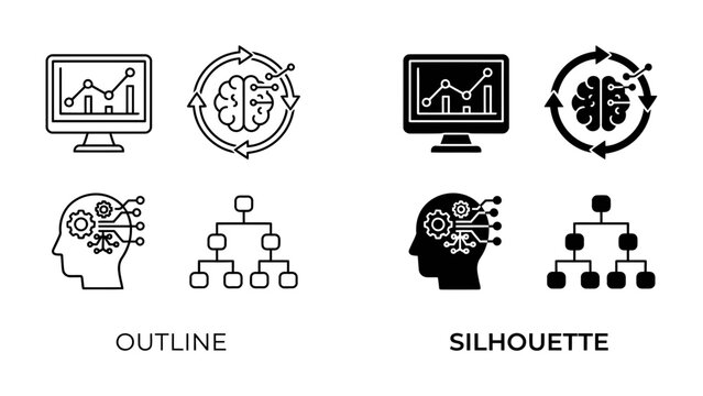 AI Technology Icons Set: A collection of minimalist icons representing artificial intelligence and data analysis, featuring brain, chart, gears.