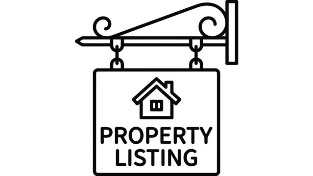 Property listing sign icon with house symbol and hanging bracket.
