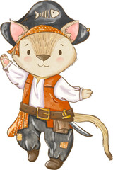 Naklejka premium Beige cat in pirate costume cute halloween baby illustration