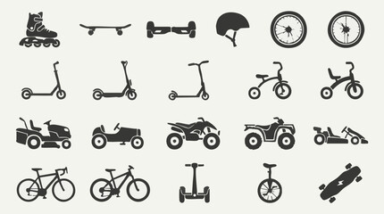 Collection of various personal transportation vehicles and leisure equipment icons © Pixelply