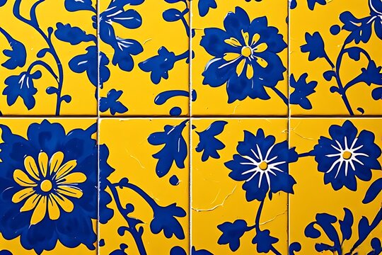 IA generated Mexican talavera tile texture in yellow blue. Authentic Puebla craft decorative surface with glossy craquelure glaze.
