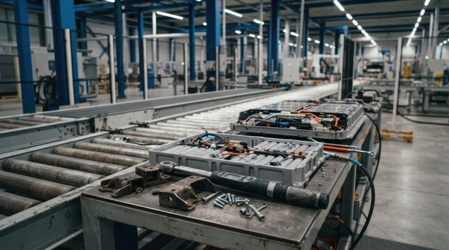 Electric vehicle factory setup with detached brackets, battery cell trays, torque wrenches, and separated conveyor production zones