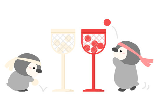 運動会の玉入れをするペンギンのイラスト