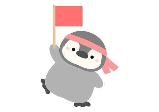 運動会の赤組のペンギンと旗