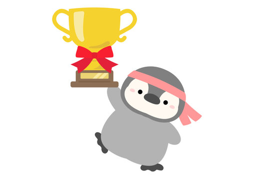 運動会のイラスト素材、優勝カップとペンギンのベクターイラスト