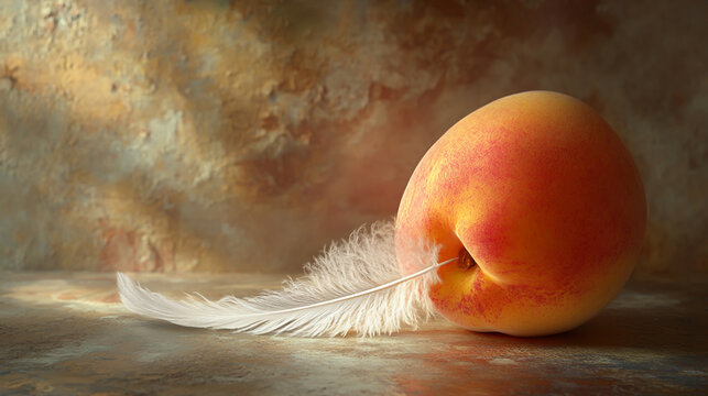 Ripe peach and a single white feather placed on a textured surface under warm sunlight with still life rustic surface food photography organic food